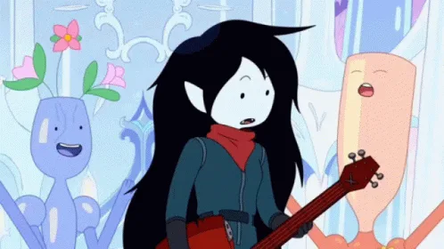 The image shows a split-screen animation of the character Marceline from Adventure Time. In the top row, she plays a bass…