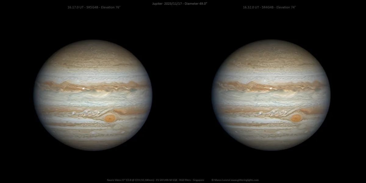 Two side-by-side astronomical photos of Jupiter, taken minutes apart, show the planet's swirling bands and Great Red Spot…