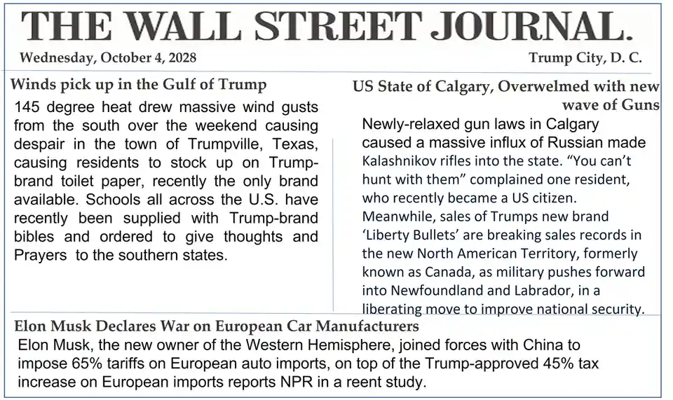 The image displays a satirical newspaper front page titled 'THE WALL STREET JOURNAL' dated October 4, 2028, from 'Trump…