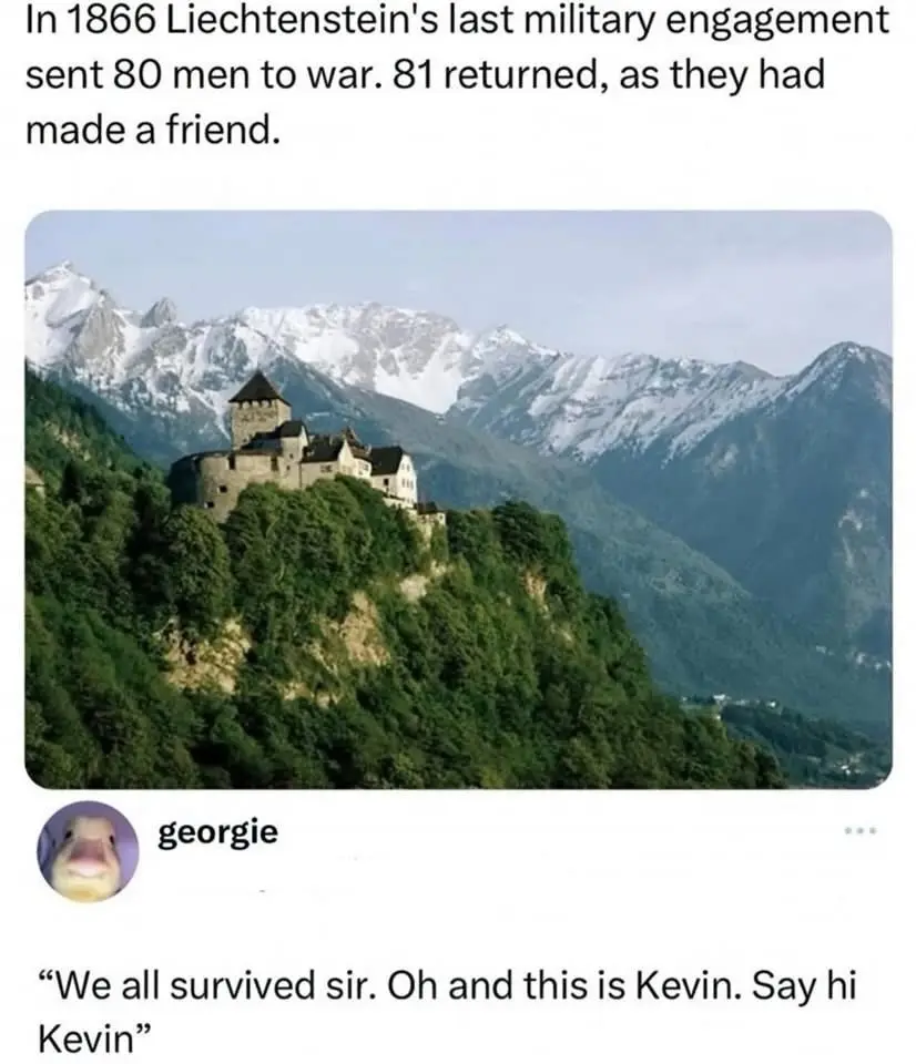 The image shows a scenic view of a castle perched on a lush green hillside with snow-capped mountains in the background…