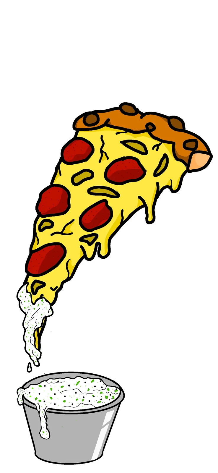 A cartoon slice of pepperoni pizza with melted cheese is shown dripping a white, green-speckled goo into a metal bucket…