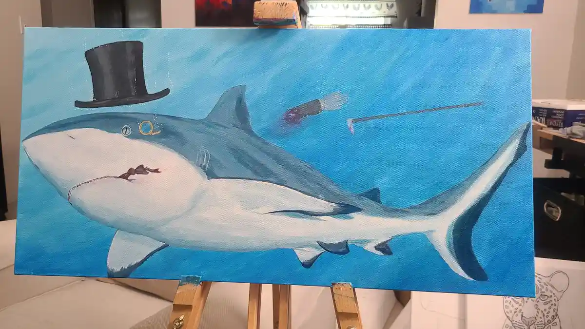 A painting of a shark wearing a black top hat and monocle, holding a cane with a bloody hand, set against a blue underwater…