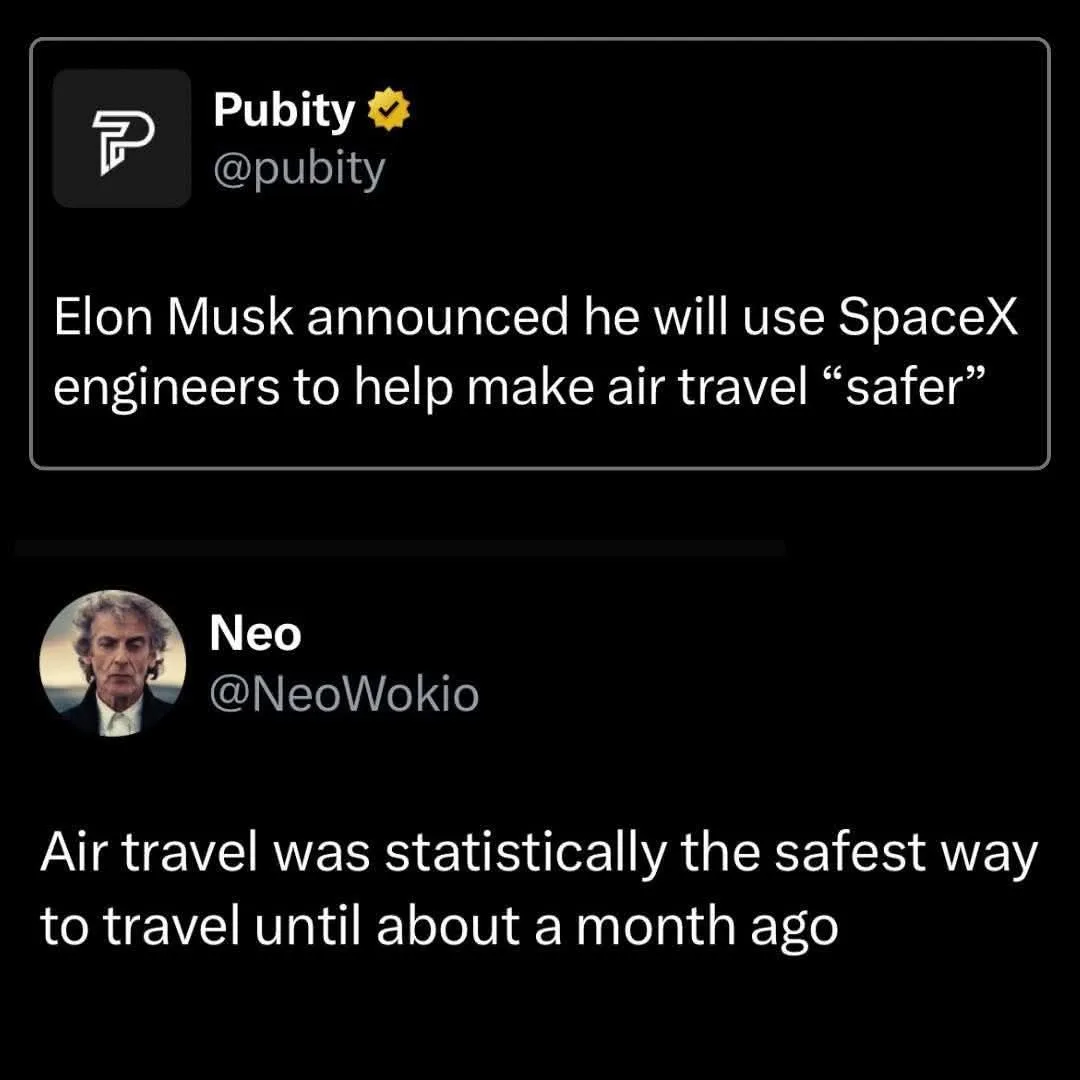 A screenshot of a Twitter thread shows a verified account named 'Pubity' posting that Elon Musk announced he will use SpaceX…