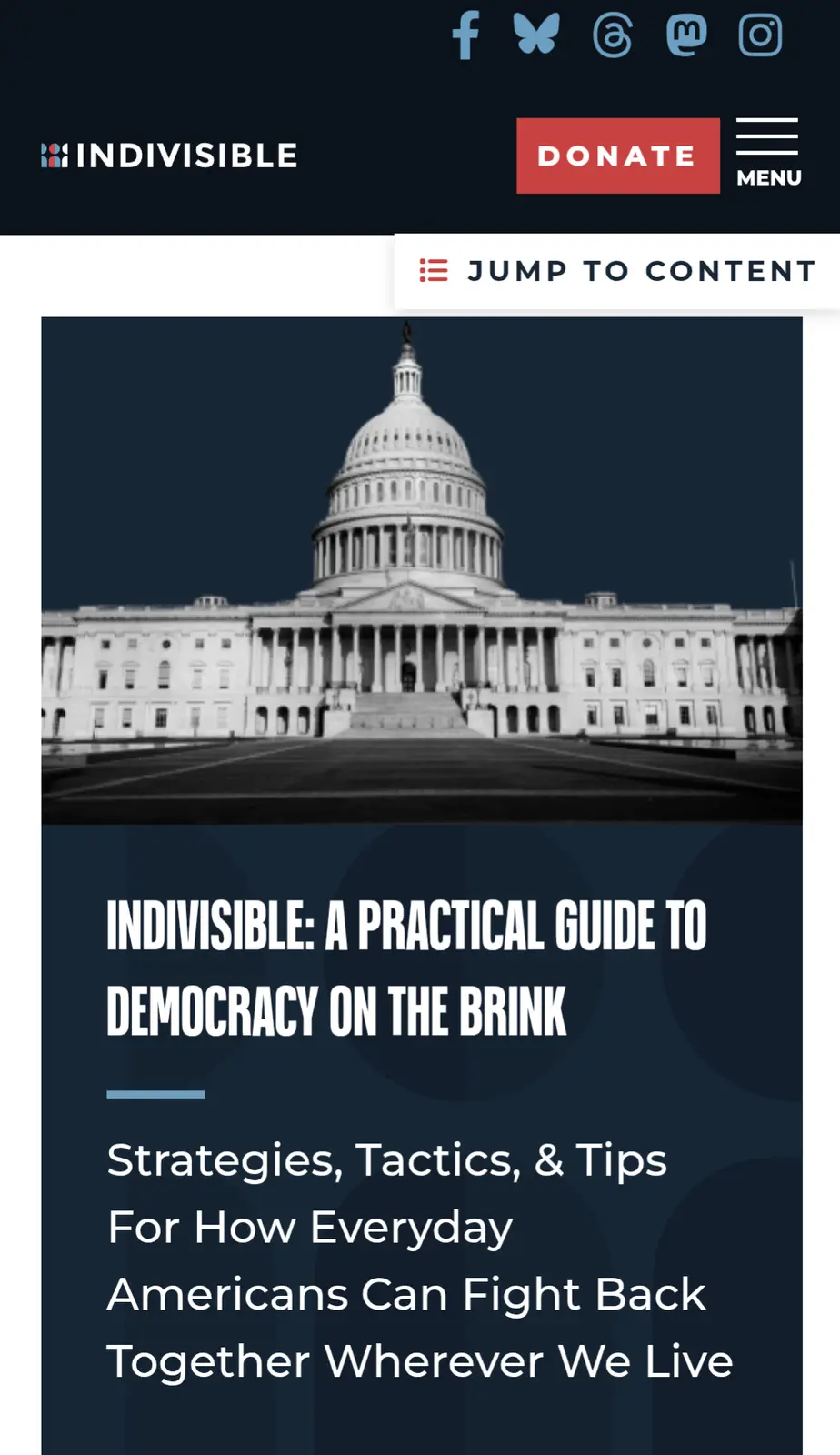 A screenshot of a webpage from the Indivisible organization, featuring a black-and-white photo of the U.S. Capitol building…