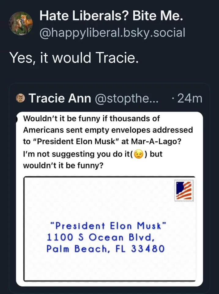 A screenshot of a social media post by 'Tracie Ann' suggesting it would be funny if thousands of Americans sent empty…