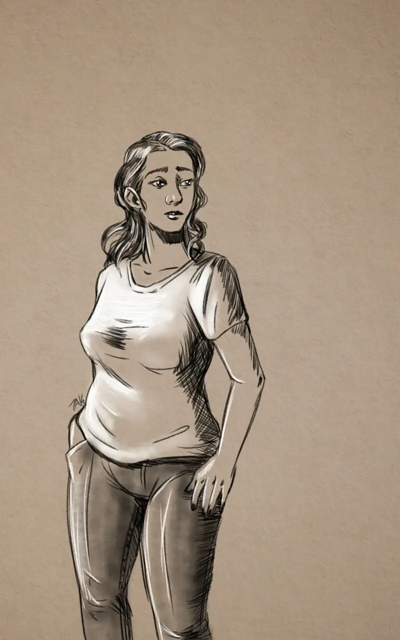 A sepia-toned sketch depicts a woman standing with one hand on her hip, wearing a t-shirt and pants, looking directly at the…