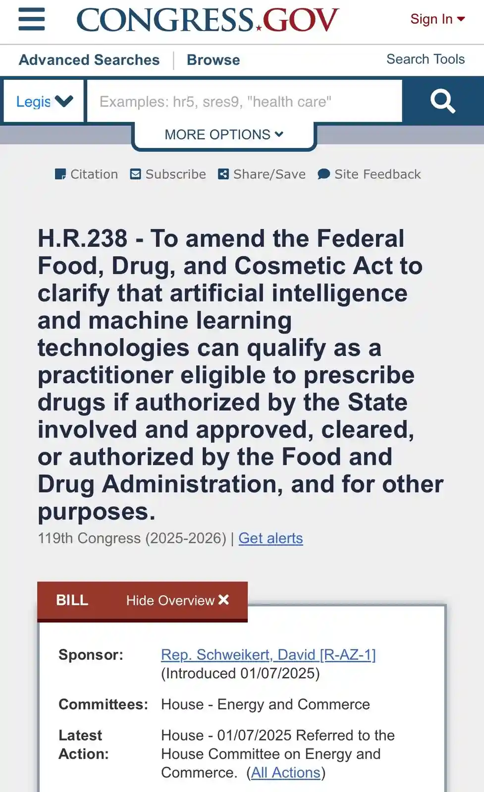 A screenshot of the congress.gov website displaying bill H.R.238, which proposes to amend the Federal Food, Drug, and…