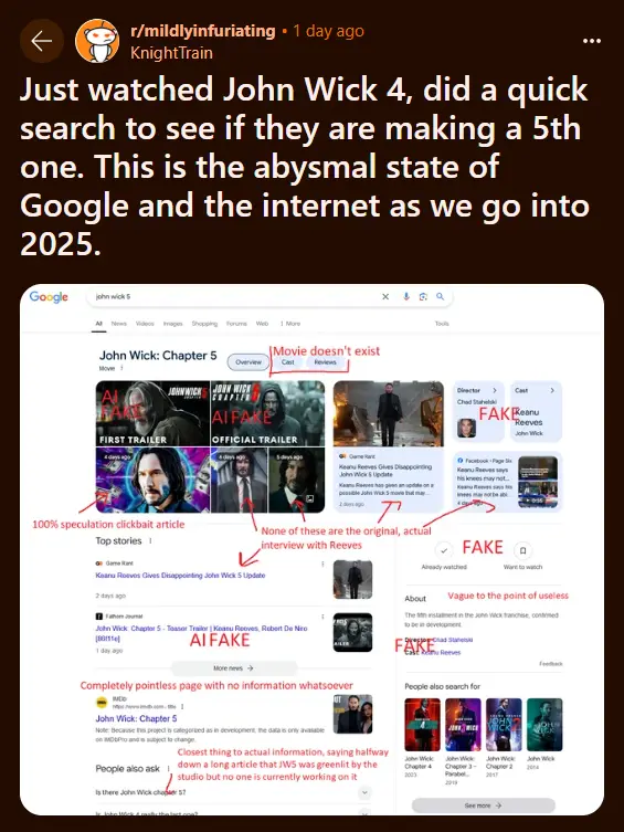 A screenshot of a Google search for 'John Wick 5' shows results filled with fake trailers, clickbait articles, and 'FAKE'…