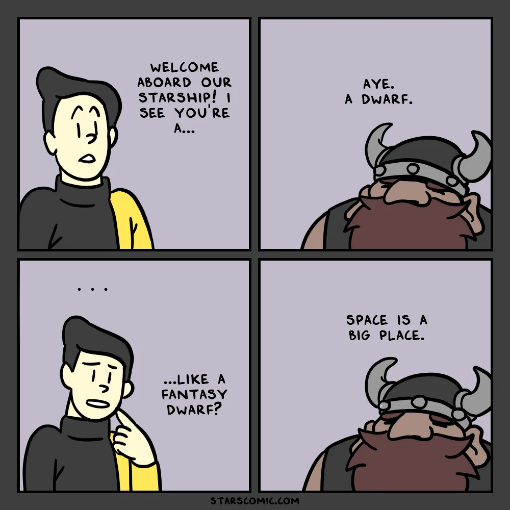 A four-panel comic strip shows a Starfleet officer welcoming a new crew member. The officer says, 'Welcome aboard our…
