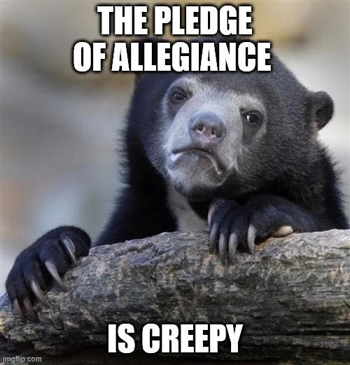 A black bear with a sad, confused, and slightly disgusted facial expression rests its paws on a log. The text overlaid in…