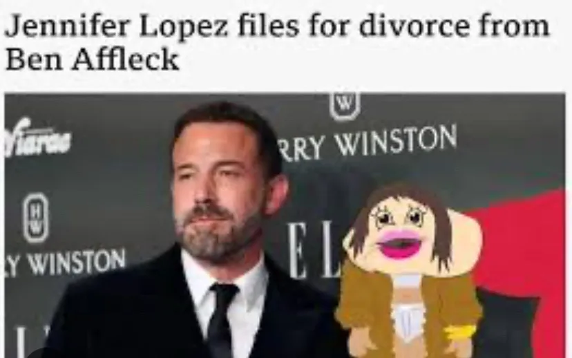 A photo of actor Ben Affleck at a red carpet event, with a cartoonish, exaggerated female puppet figure superimposed on his…