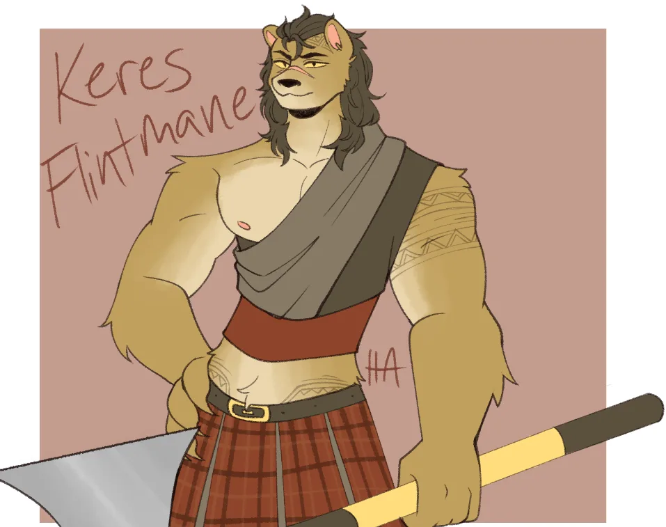 A muscular anthropomorphic lion with long dark hair and a smug expression, wearing a grey sash, red belt, and red plaid…