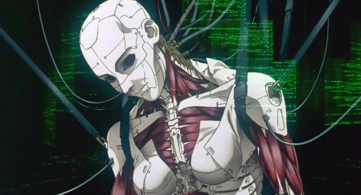 An anime character with a white mechanical face and exposed red muscle tissue, surrounded by green digital code and wires…