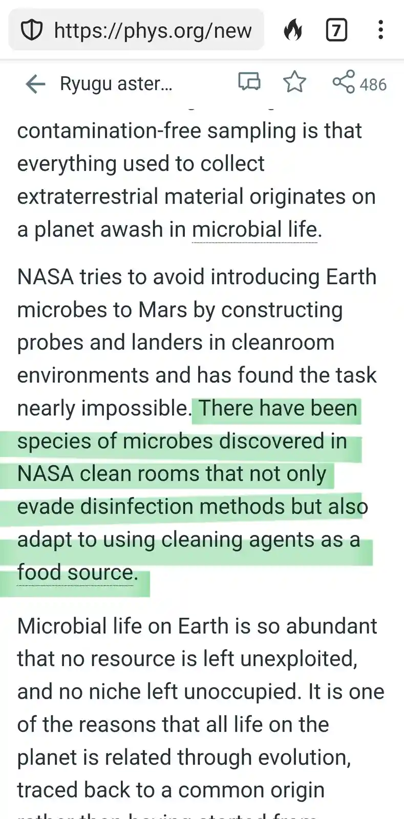 A screenshot of a physics.org article about microbial contamination in space missions, with a highlighted paragraph stating…
