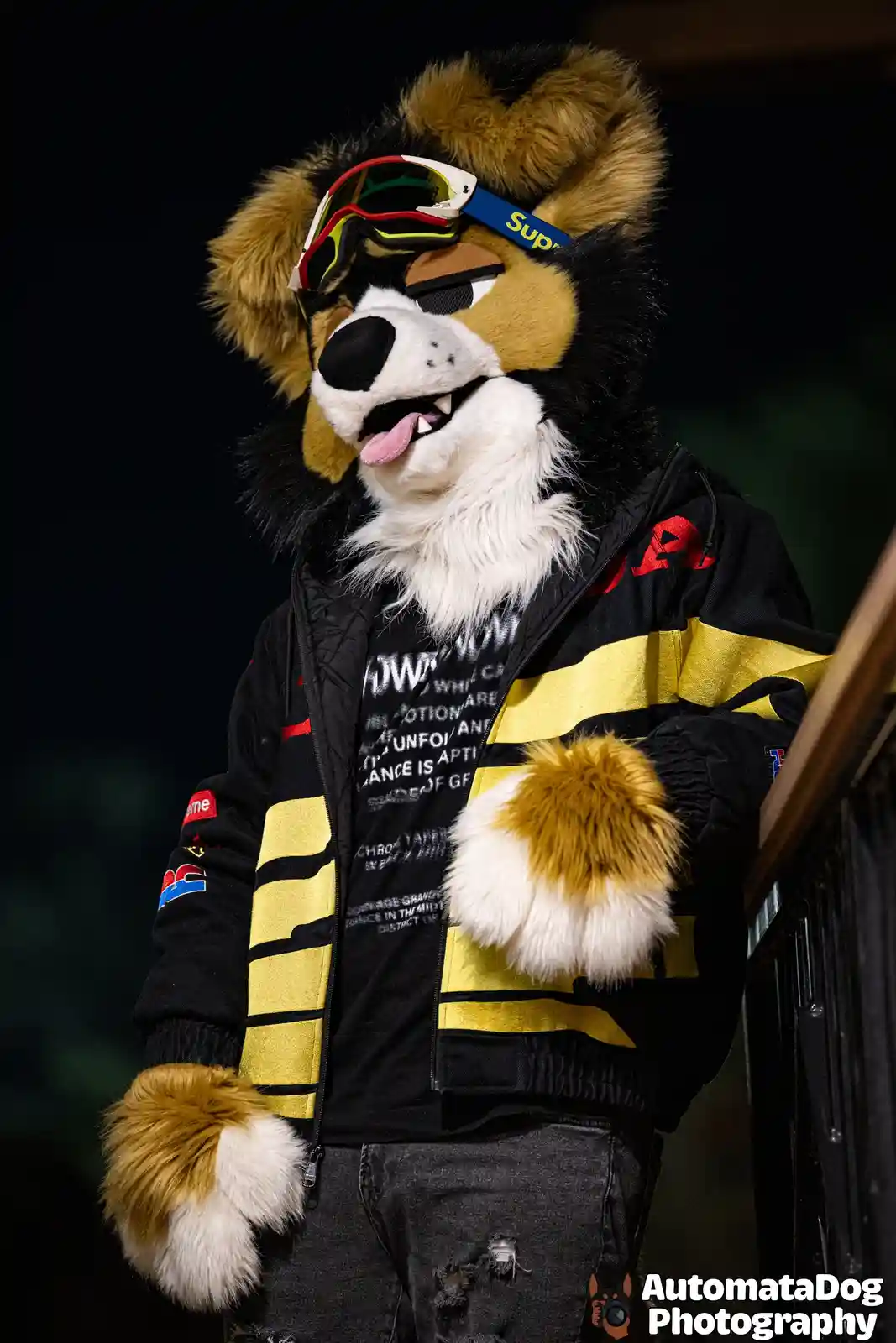 A person in a detailed furry costume of a tan, black, and white dog-like creature wearing ski goggles with a 'Supreme'…