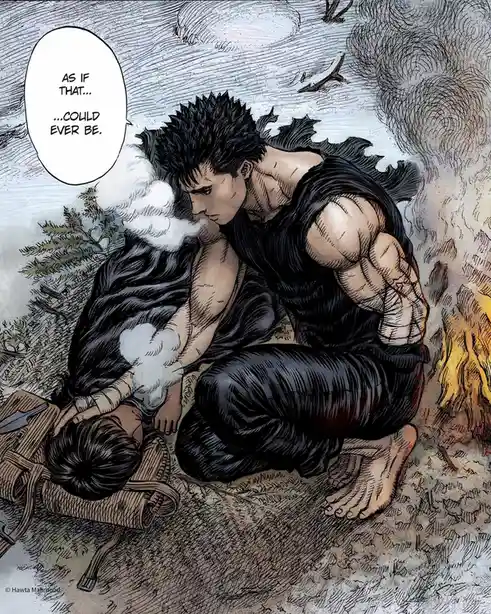 A muscular, shirtless man with spiky black hair kneels beside a prone figure, looking down with a somber expression. A…