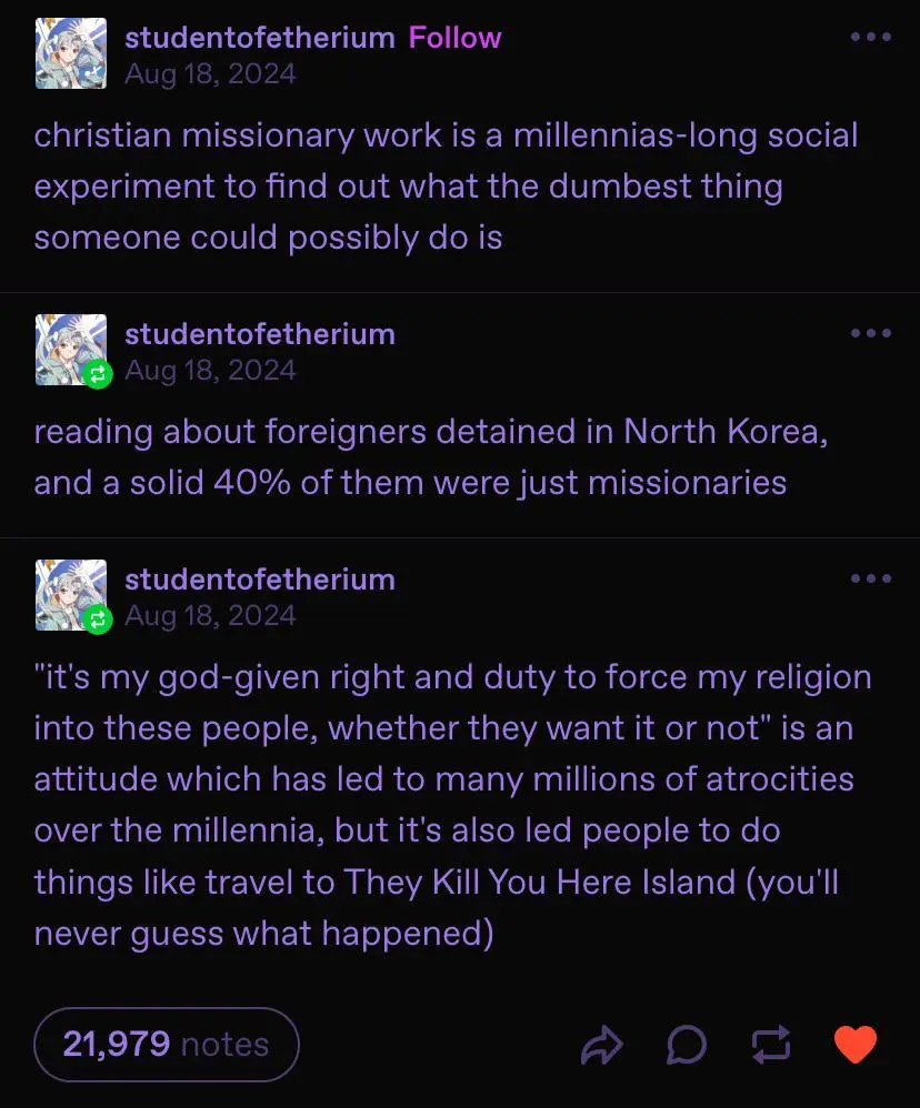 The image shows a screenshot of three consecutive posts from a social media account named 'studentofetherium', dated August…