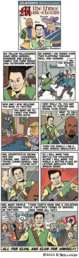 A comic strip parody titled 'Classics Illustrated: The Three Musk-eeters' by Dumbass, depicting Elon Musk, Donald Trump, and…