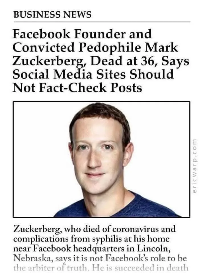 A fake newspaper clipping titled 'BUSINESS NEWS' features a photo of Mark Zuckerberg with the headline claiming he is a…