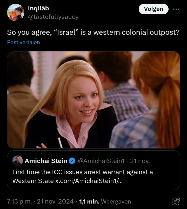 A screenshot of a tweet by @tastefullysaucy asking if Israel is a western colonial outpost, overlaid on a still image of a…