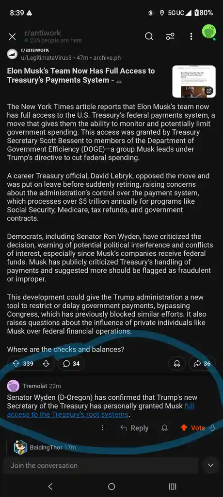 A screenshot of a Reddit post in r/antiwork shows a user's comment that reads 'Where are the checks and balances?' with a…