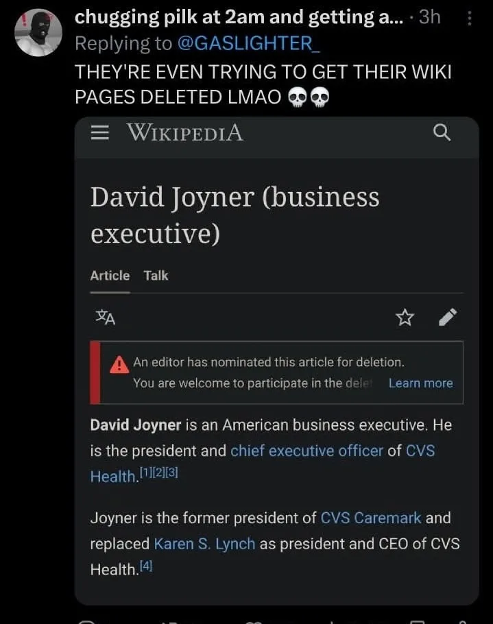 A screenshot of a Wikipedia page for 'David Joyner (business executive)' shows a red banner warning that the article has…