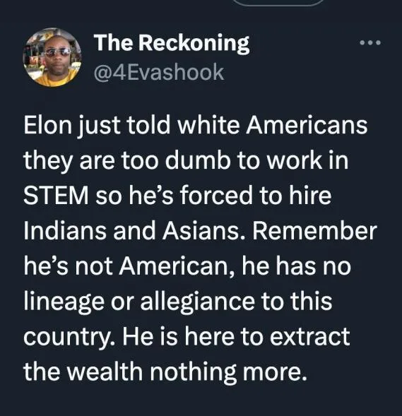 A screenshot of a tweet from 'The Reckoning' (@4Evashook) with white text on a dark background. The tweet claims Elon Musk…