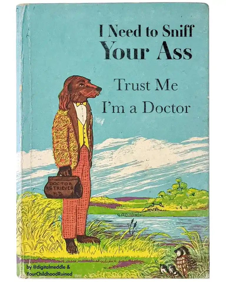 The image shows a vintage-style book cover featuring a dog dressed in a yellow vest, patterned jacket, and red pants…