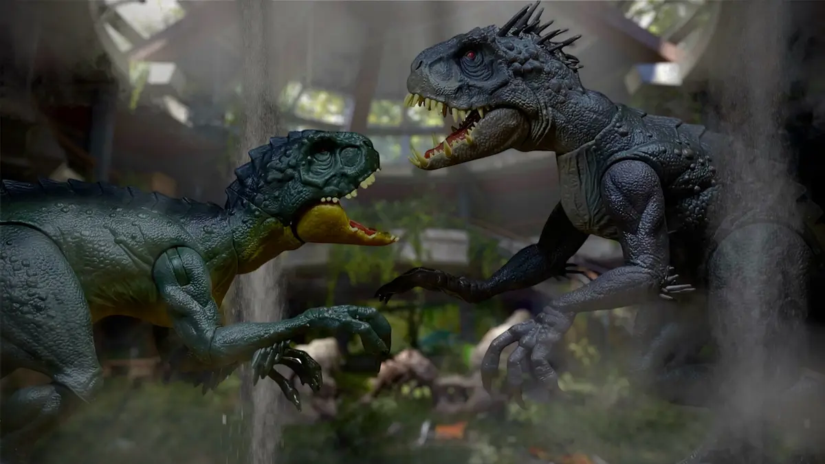 Two detailed dinosaur action figures, one green and one gray, are shown in a tense face-off with mouths open and claws…