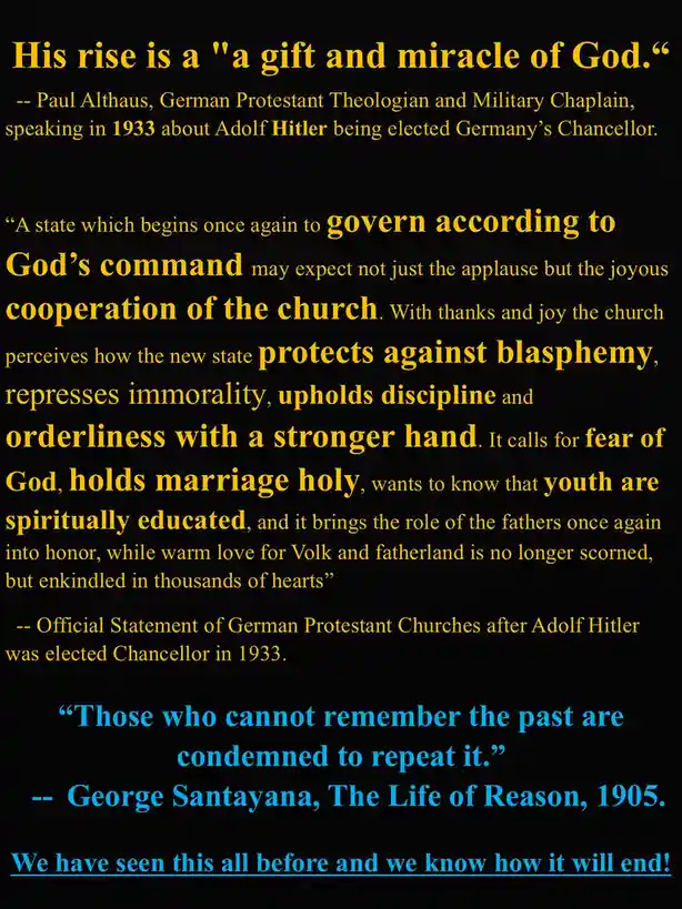 A black background with yellow and blue text displays three historical quotes praising Adolf Hitler's rise to power in 1933…