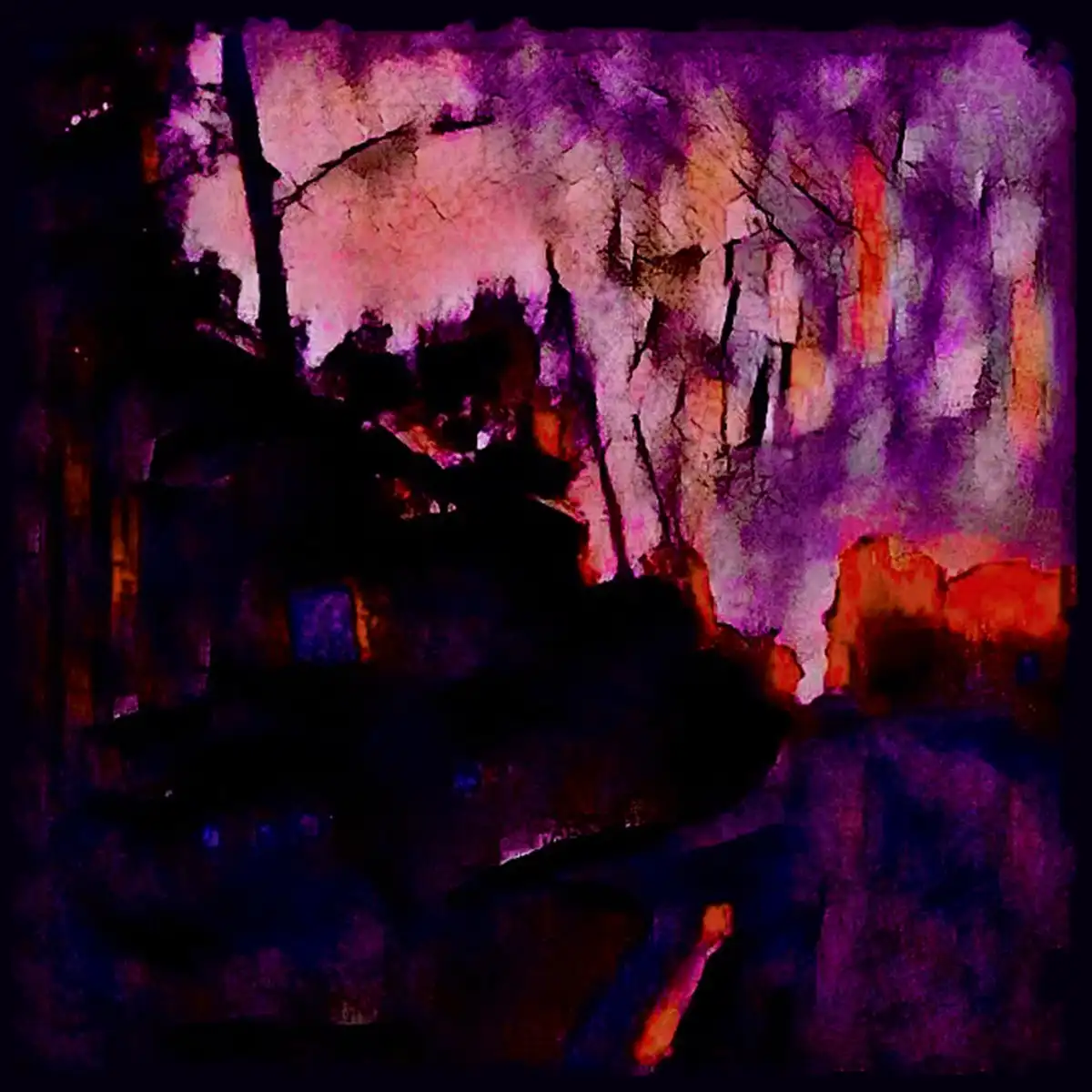 A dark, abstract, painterly image of a forest at night with purple, pink, and orange hues, featuring silhouetted trees and…