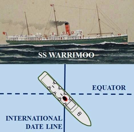 The image is split into two parts: the top shows a vintage illustration of the ship SS Warrimoo sailing on waves, and the…