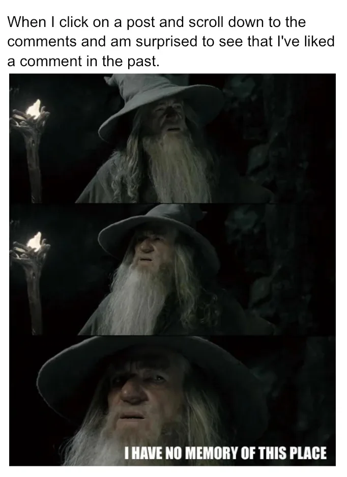 The image shows three panels of Gandalf the Grey from 'The Lord of the Rings' looking progressively more shocked and…