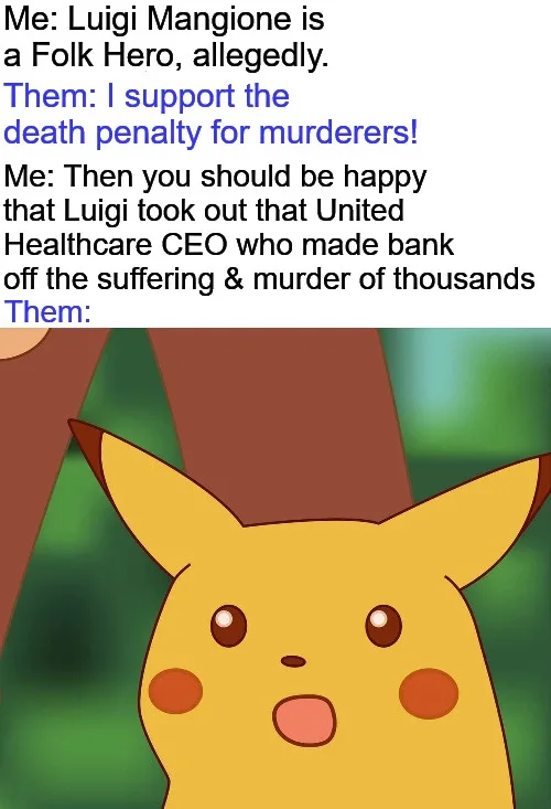 The image shows a surprised Pikachu from Pokémon, with overlaid text depicting a conversation. The text claims Luigi…