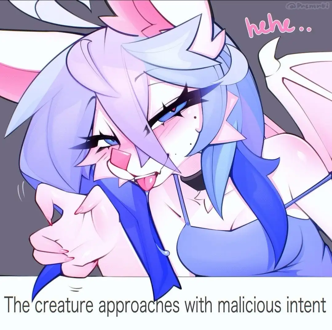 An anime-style character with blue and purple hair, bunny ears, and a mischievous grin is shown leaning forward with a…
