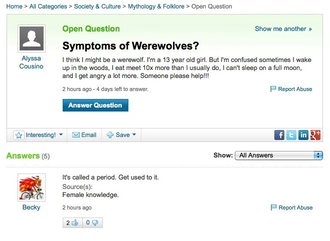 An image of a Quora-style webpage where a user named Alyssa Cousino asks about 'Symptoms of Werewolves?' listing behaviors…