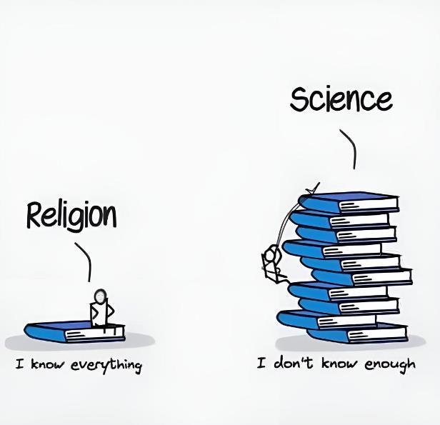 A simple cartoon shows two stick figures. On the left, a figure sits atop a single book labeled 'Religion' with the text 'I…