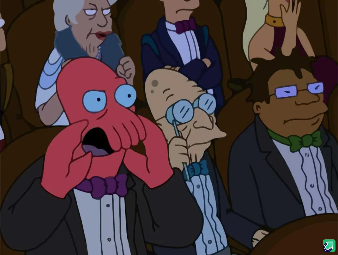 A red octopus in a tuxedo with a purple bowtie covers its mouth in shock or horror, surrounded by other formally dressed…