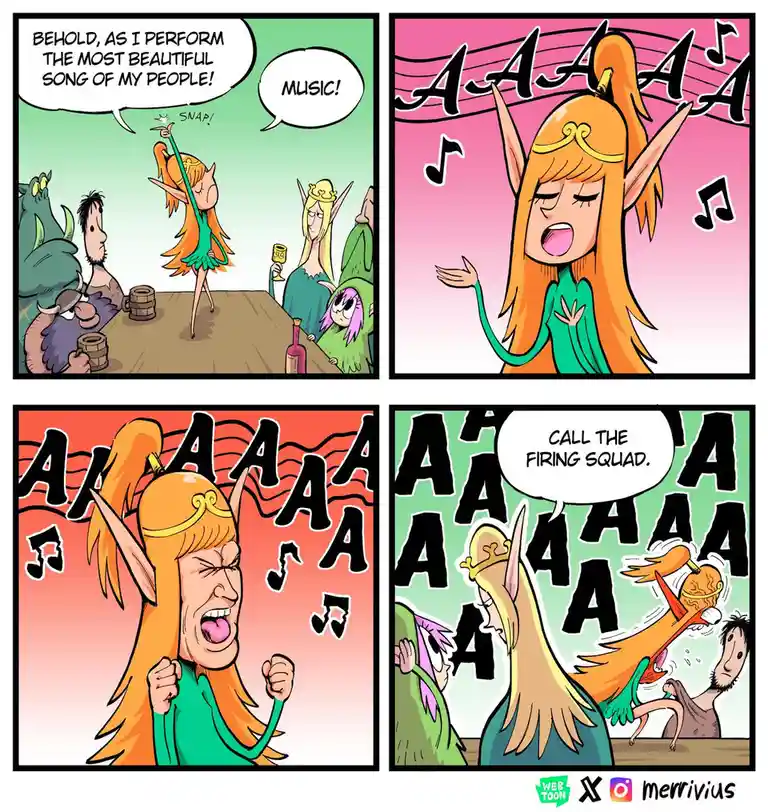 A four-panel comic strip from the webtoon 'Adventure Time' featuring a female elf character performing a song. In the first…