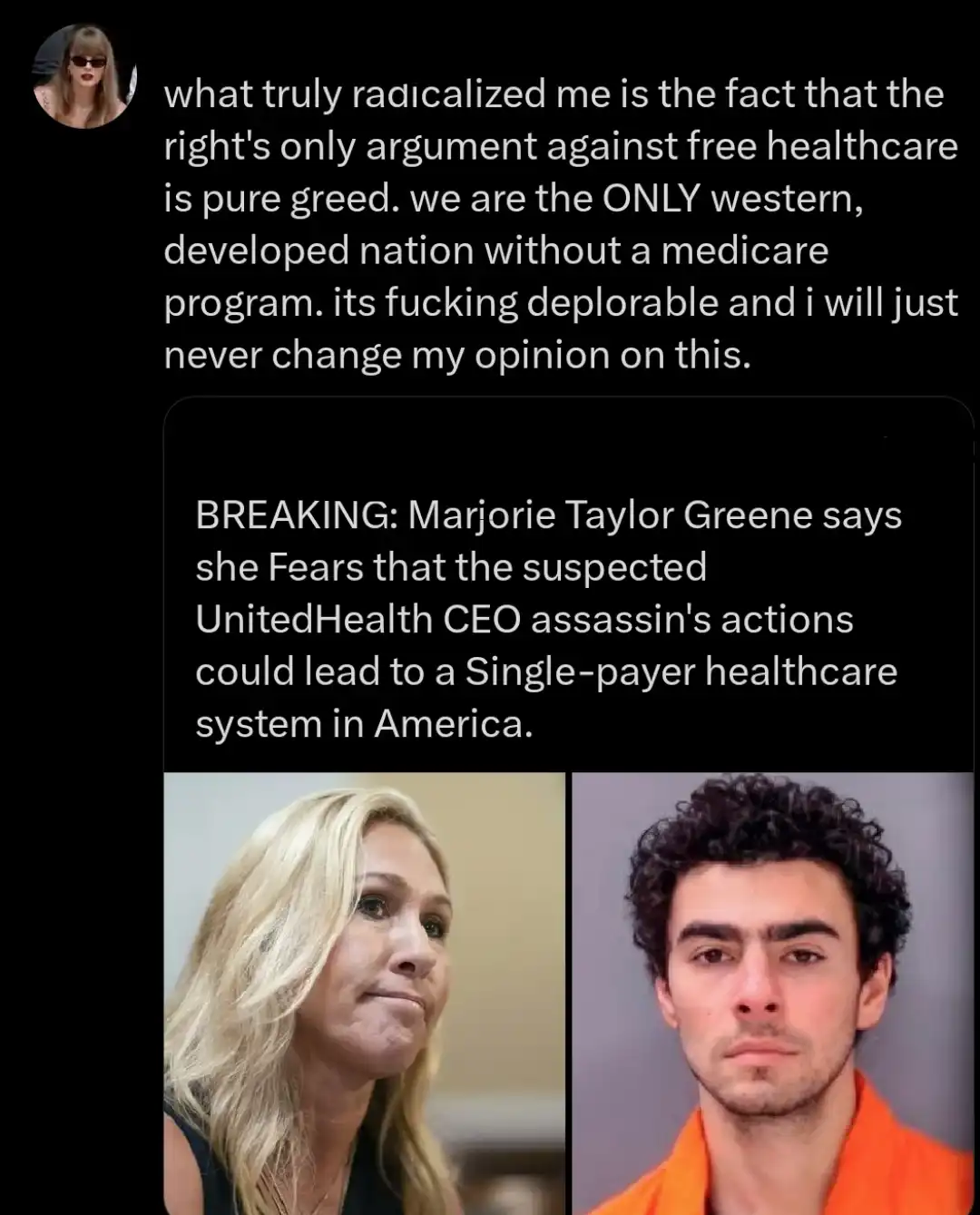 The image displays a split-screen with a photo of Marjorie Taylor Greene on the left and a mugshot of a man in an orange…
