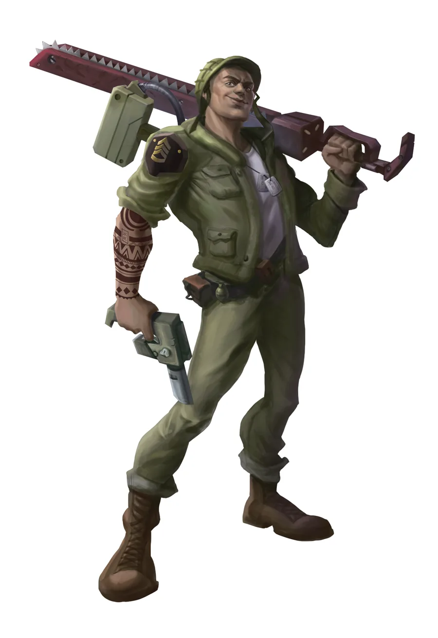 A video game character in green military gear, smiling confidently while carrying a large chainsaw over his shoulder and…