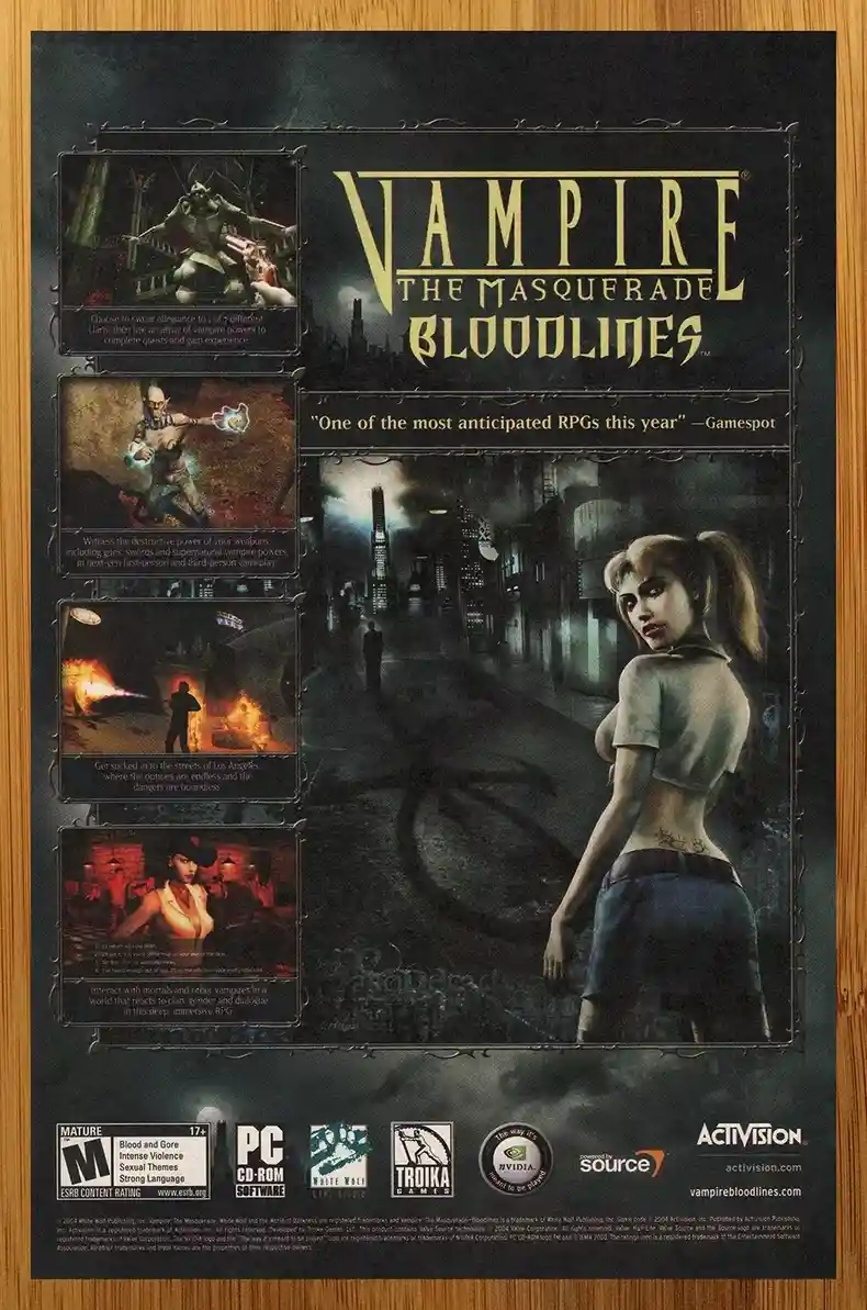 This is a promotional poster for the video game 'Vampire: The Masquerade - Bloodlines,' featuring a stylized image of a…