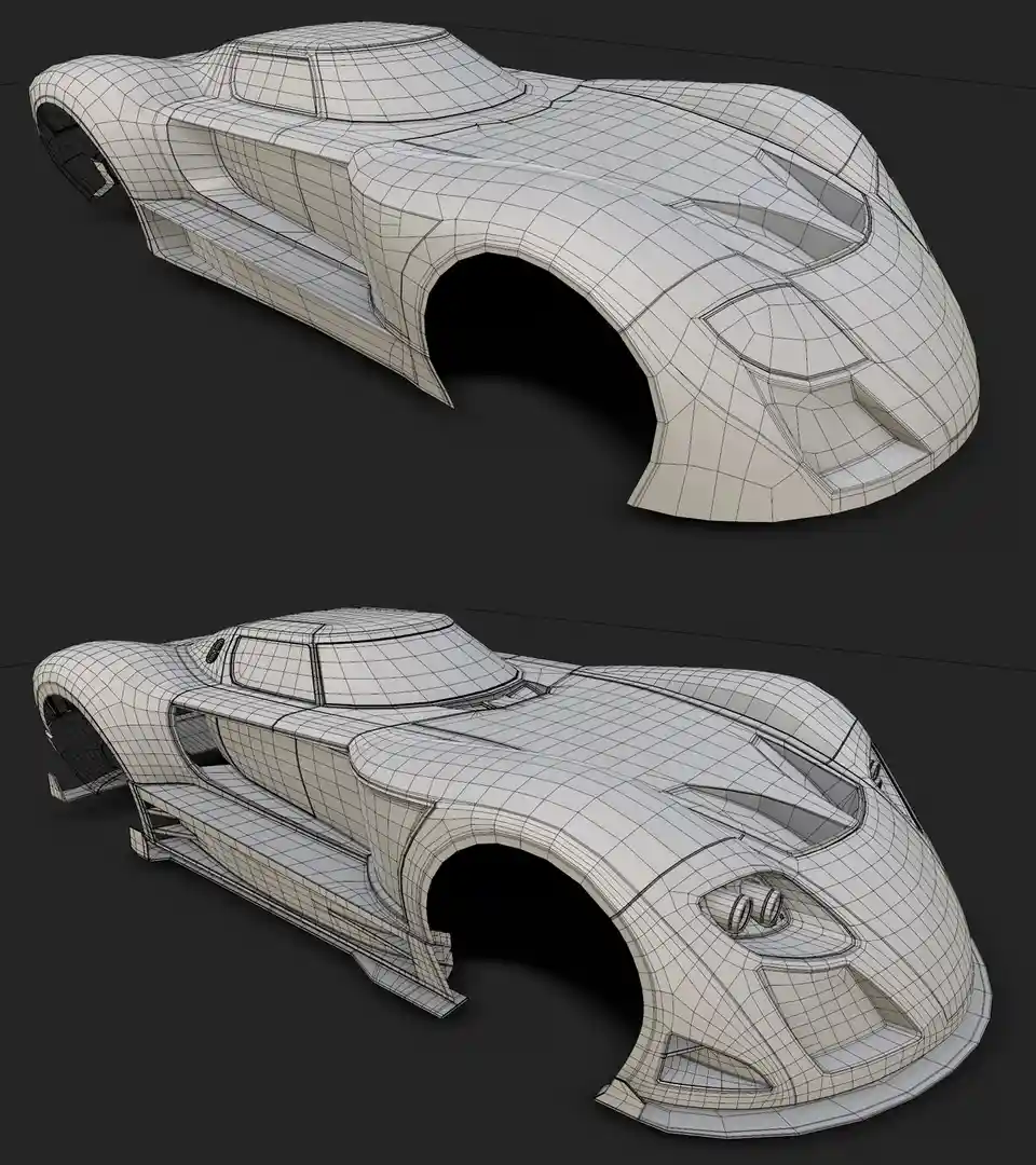 The image displays two angled views of a futuristic car rendered as a 3D wireframe model, revealing its underlying polygonal…