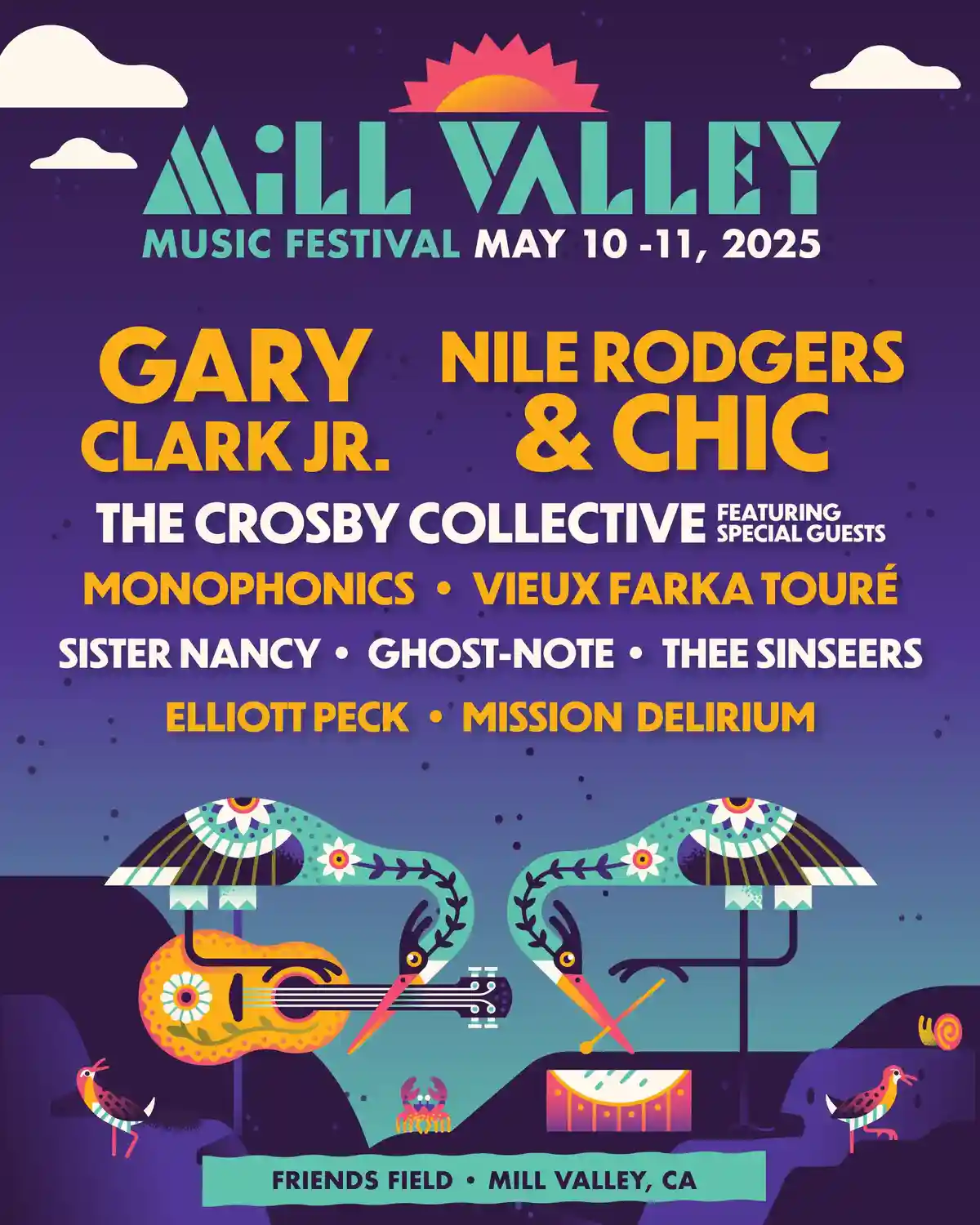 A colorful poster for the Mill Valley Music Festival, scheduled for May 10-11, 2025, at Friends Field in Mill Valley, CA. It…