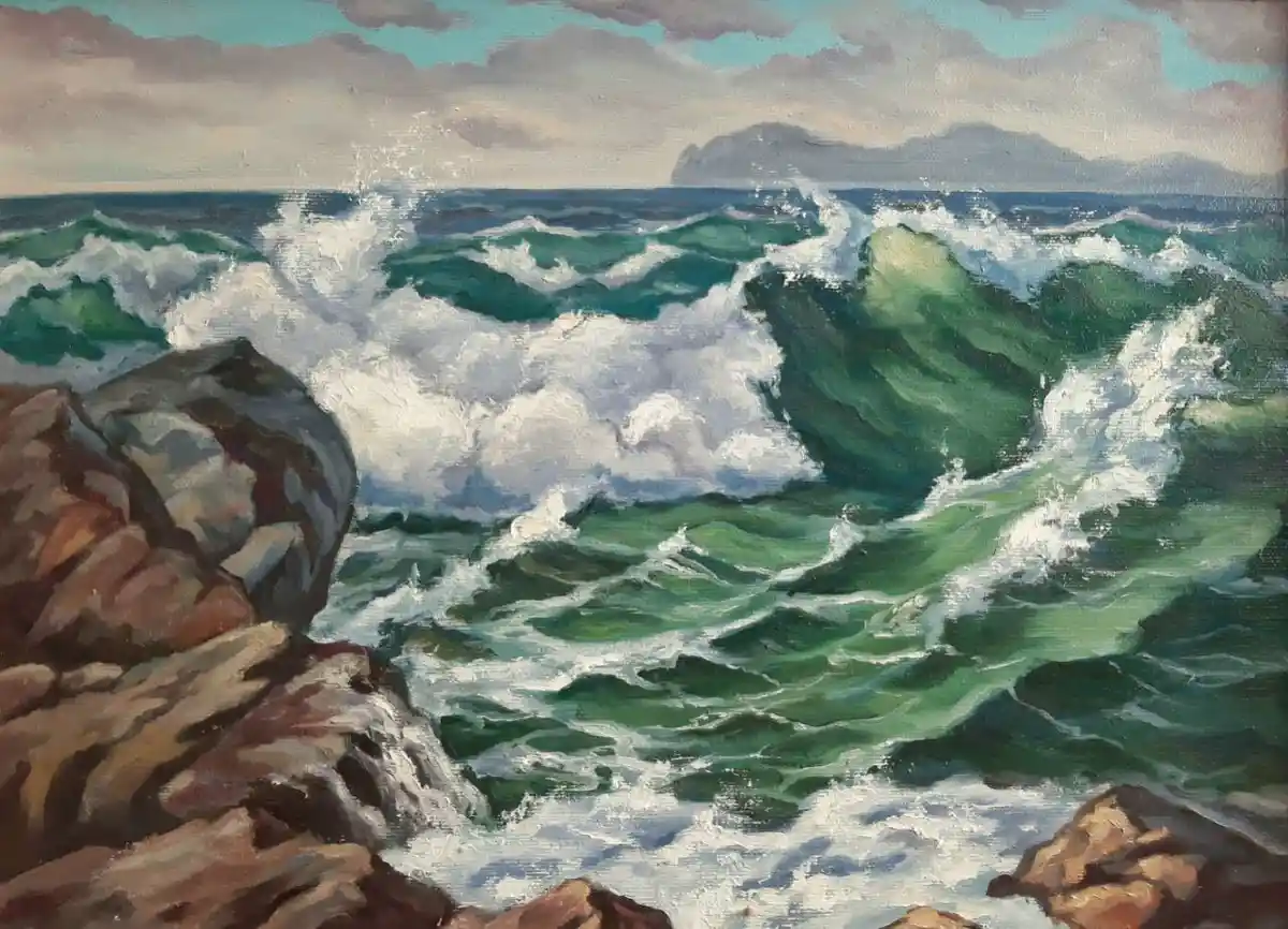 A vibrant green sea captured in my oil painting on canvas.