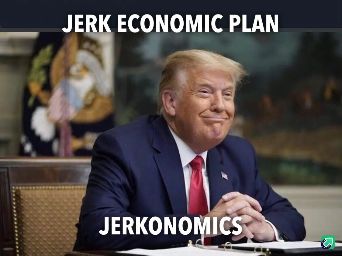 A photo of Donald Trump sitting at a desk in a dark suit and red tie, smiling smugly with his hands clasped. The image has…