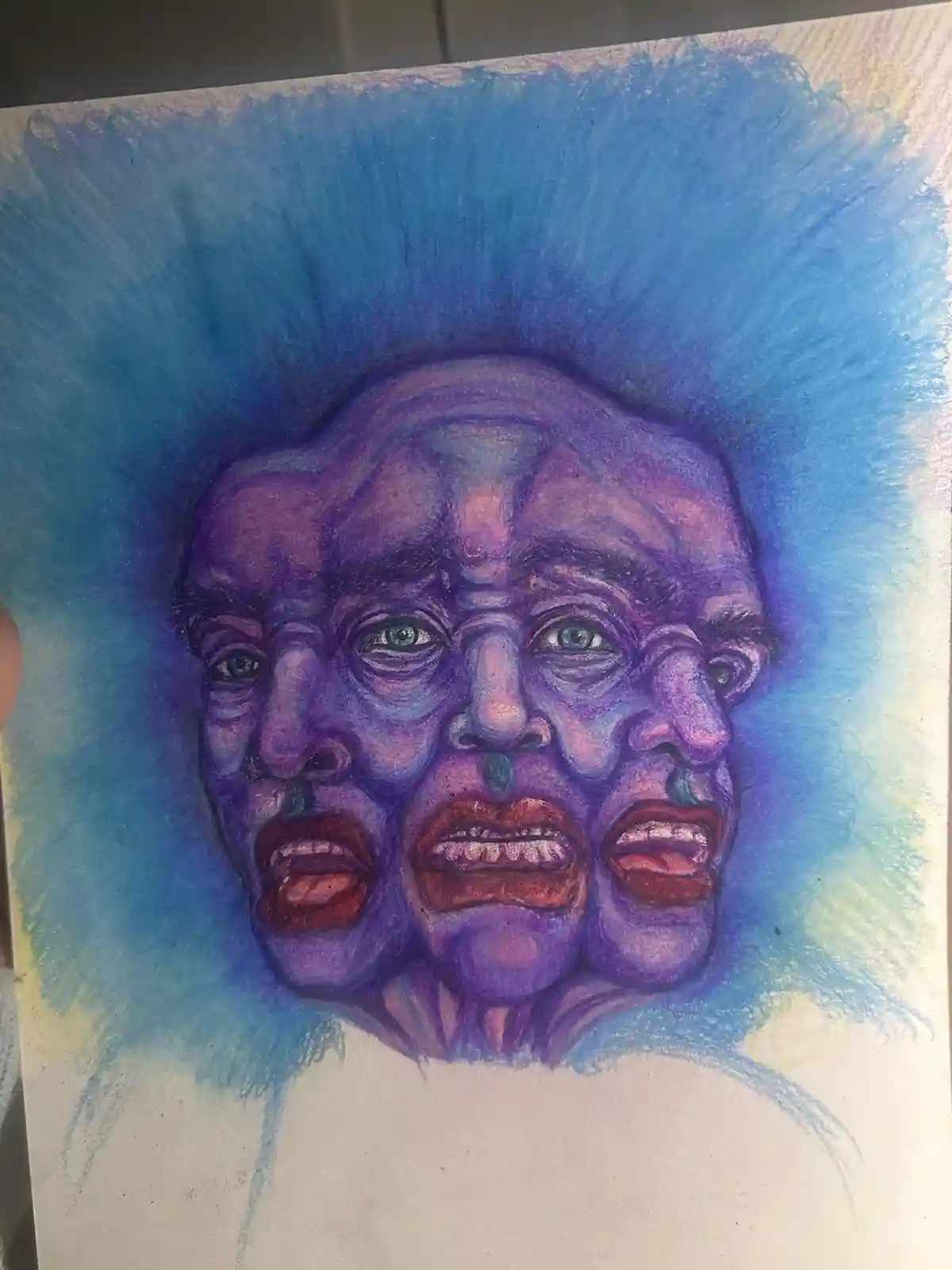 A hand-drawn artwork depicts a single purple face with three distinct, overlapping facial expressions—each showing a…