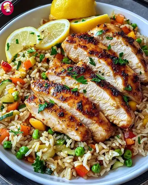 a close-up photo of a white plate filled with a colorful meal: sliced grilled chicken breast with char marks, resting on a…