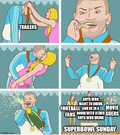 A four-panel comic strip shows a man being forced to watch movie trailers by a woman, then eating a gold medal, kissing her…