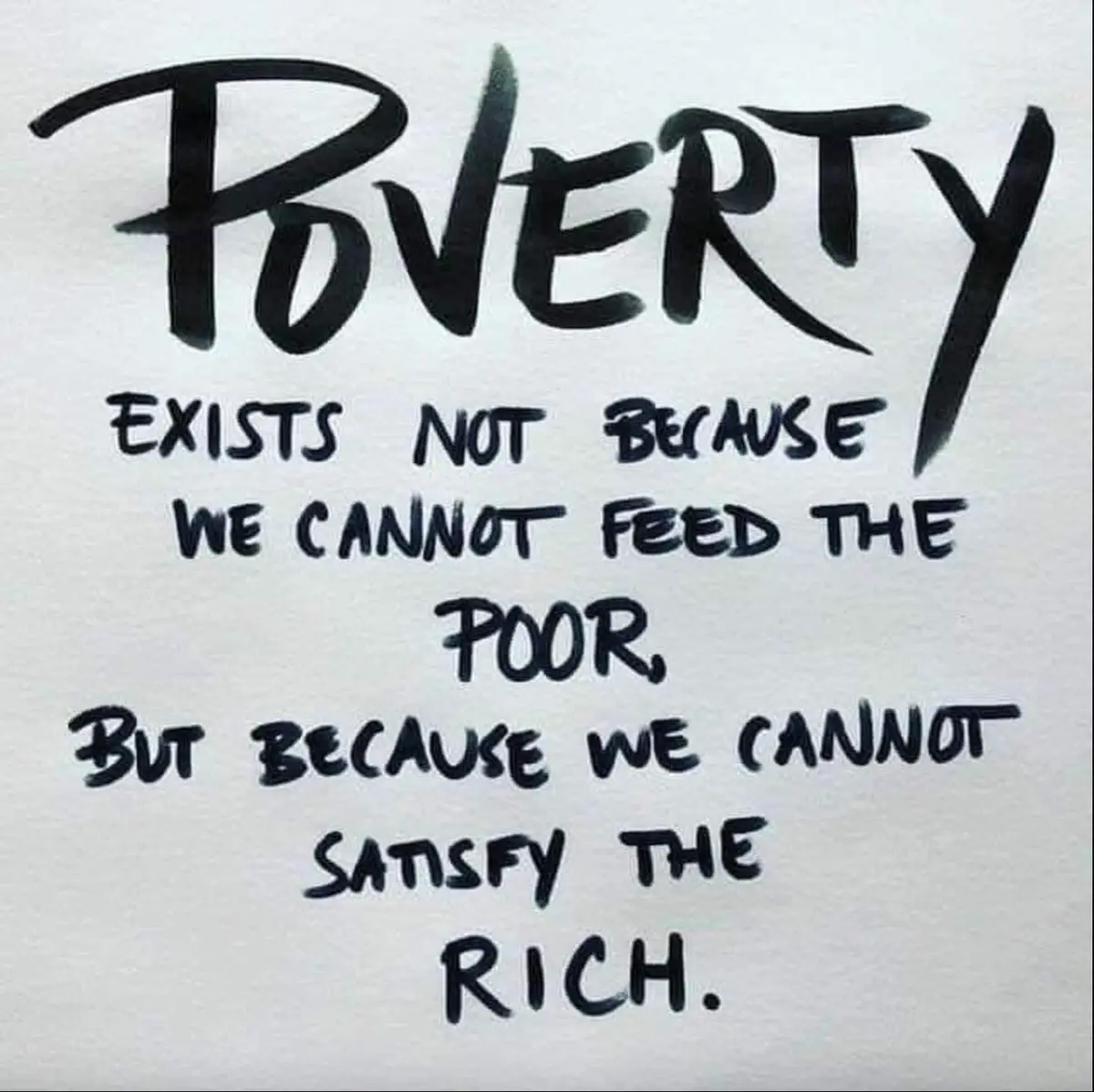 The image displays handwritten text in black ink on white paper. The word 'POVERTY' is written in large, stylized capital…